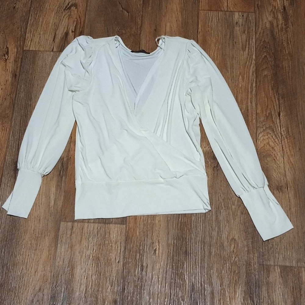 Elegant Cream Women's Top Long Sleeved Wrap Front Blouse With V Neck Size Large